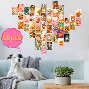 Heart-shaped wall collage with 50 Thanksgiving harvest decor cards and autumn pumpkin motifs