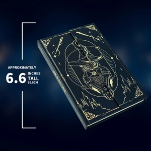 Detail of magic owl embossed journal with gold foil stamp and 16.8cm height spec