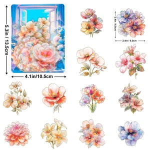 Detalle de pegatinas de flores PET con lámina dorada impermeable y medidas de tamaño real