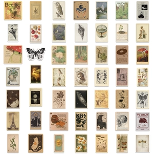 Detailed grid of vintage stickers featuring retro posters, anatomy, and botanical art designs