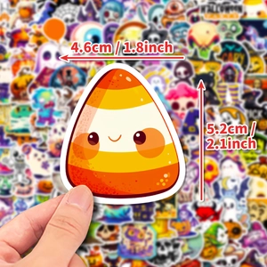 Cute candy corn Halloween sticker with dimensions 1.8x2.1 inches on colorful background