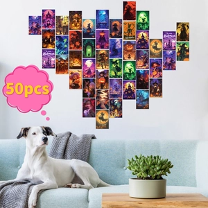 50pcs Halloween wall collage kit featuring spooky pumpkins, witches and dark aesthetic art