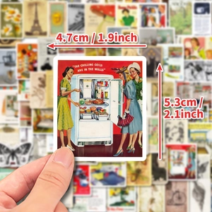 Vintage retro art stickers for luggage and laptops showing size details and style