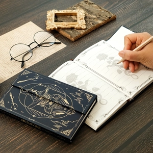 Magic owl hardcover notebook with vintage gold patterns on dark blue background