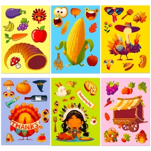 Set of 6 Thanksgiving puzzle stickers featuring turkey, pumpkin and harvest festival designs