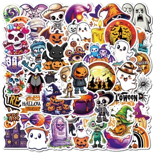 Macro shot of Halloween stickers with pumpkin, skull, and ghost designs for party decoration