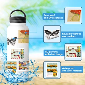 Waterproof vinyl stickers with vintage art design shown on a white tumbler bottle