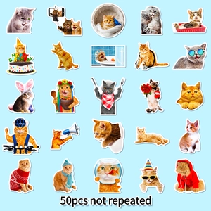 Detailed grid of 50 unique funny cat stickers showing various cute professions and scenes