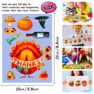 DIY Thanksgiving stickers for kids featuring turkey and pumpkin designs, 21x15cm size
