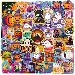 Detailed close-up of various waterproof Halloween stickers featuring pumpkins and ghosts