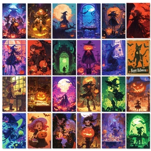 24-piece Halloween aesthetic witch and pumpkin wall art cards for spooky room decor