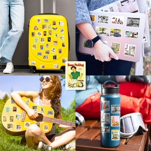 Vintage retro stickers applied on suitcase, laptop, guitar, and water bottle surfaces