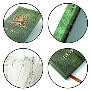Green vintage notebook with gold snake totem and mystical wizardry academy theme