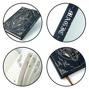 Deep blue magic owl notebook with gold foil wizard hat, wand and castle star patterns