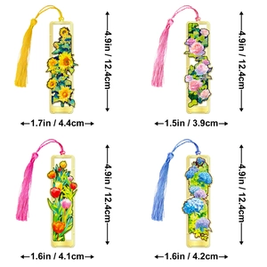 Set of four hollow brass floral bookmarks with colorful tassels in 12.4cm length