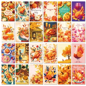 50-piece set of Thanksgiving harvest decorative wall cards with turkey and pumpkin designs