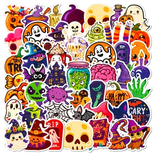 Detailed close-up of various Halloween graffiti stickers featuring pumpkins and ghosts