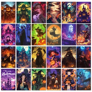 24-piece Halloween postcard set with pumpkin lanterns, witches, and spooky aesthetic wall decor