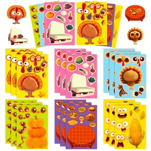 Close-up of Thanksgiving DIY sticker set with turkey and pumpkin designs for kids crafts