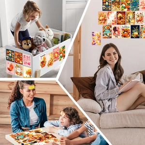 Detail showing Thanksgiving harvest cards with turkey and pumpkin motifs for wall decor