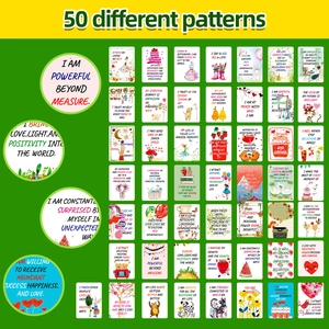 Set of 50 unique hand-drawn English affirmation cards with positive quotes for motivation