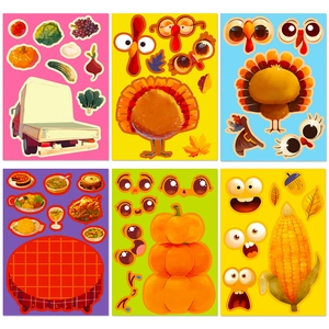 6 sheets Thanksgiving DIY stickers featuring turkey pumpkin and harvest face mix and match set