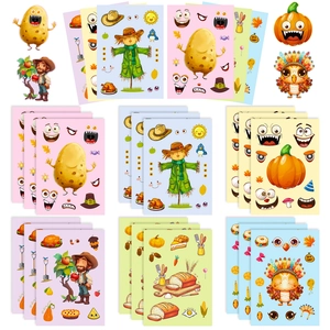 Detailed set of Thanksgiving DIY face-change stickers with autumn harvest cartoon characters