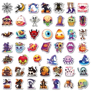 Detailed grid showing 49 unique Halloween stickers including pumpkins, ghosts, and skulls