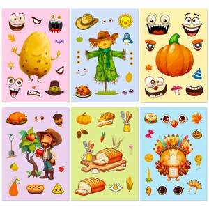 6-sheet Thanksgiving DIY stickers set with turkey, pumpkin and scarecrow designs