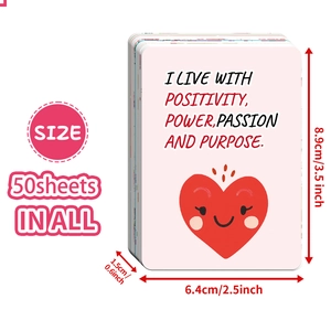 Detailed dimensions of 50 positive affirmation cards showing 3.5 by 2.5 inches size