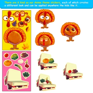 Detail showing DIY Thanksgiving stickers with turkey and harvest pumpkin themes for kids