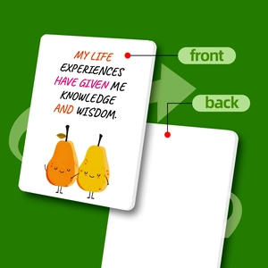 Detail showing positive quote cards with cartoon pear and white back for writing