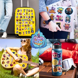 Halloween stickers set featuring pumpkins and ghosts on laptops and water bottles