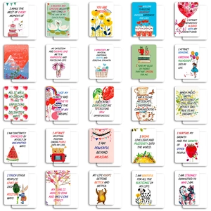 50-piece set of cartoon affirmation cards with inspirational quotes on white background