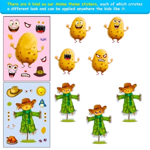 Detail showing DIY Thanksgiving stickers with cartoon scarecrow and potato face mix-and-match pieces