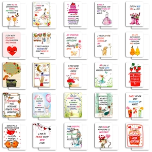 Set of 25 colorful positive affirmation cards with hand-drawn illustrations for motivation