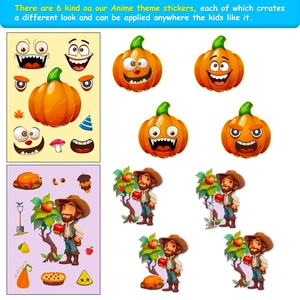 6 sheets of DIY Thanksgiving face-changing stickers with pumpkin and farm character themes