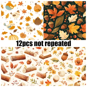 Close-up of 12 non-repeating Thanksgiving scrapbooking paper sheets with pumpkin and leaf motifs