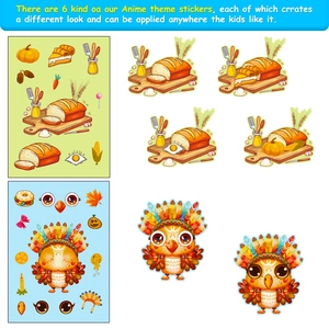 Detailed view of 6-piece Thanksgiving stickers featuring autumn food and owl patterns