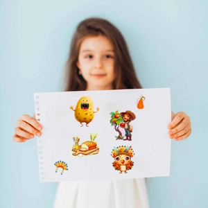 Close-up of colorful Thanksgiving themed mix and match character sticker sheets for kids