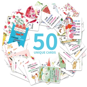 Set of 50 unique positive affirmation cards with colorful hand-drawn illustrations