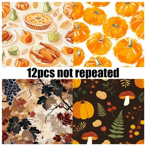 Set de 12 hojas de papel decorativo para Acción de Gracias con pavos y calabazas