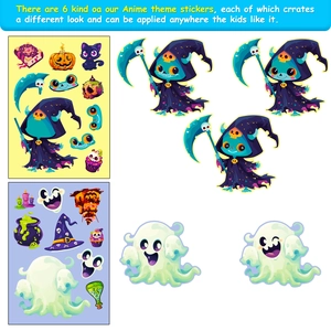 Détail du pack de 6 autocollants Halloween avec fantômes, chats noirs et citrouilles