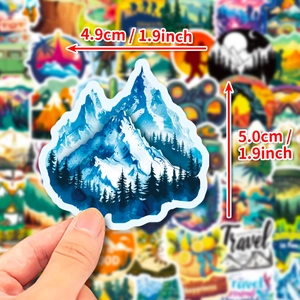 Outdoor adventure sticker with blue watercolor lake and mountain landscape scenery
