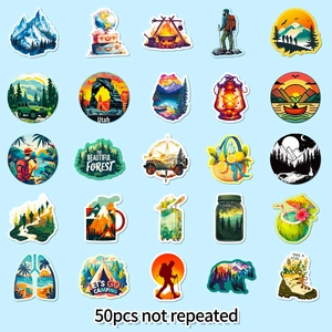 Detailed grid of 50 unique outdoor adventure and camping stickers with vibrant colors