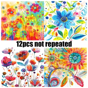 Set di 12 carte scrapbooking con motivi floreali acquerellati dipinti a mano unici
