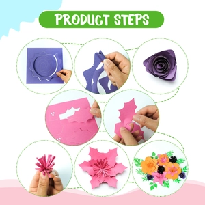 DIY handmade paper flower kit assembly steps showing colorful 3D rose and daisy shapes