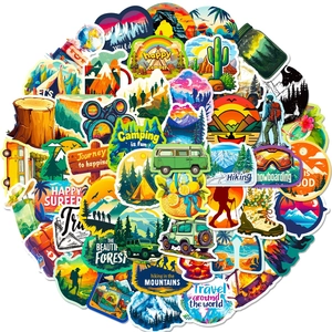 Waterproof outdoor adventure stickers featuring camping and mountain travel designs
