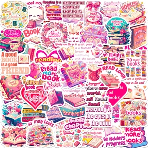 Pink Y2K aesthetic stickers set with books and reading themes for scrapbooking
