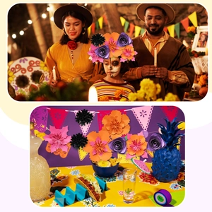 Detail of colorful multilayered paper flowers for Halloween party wall decorations